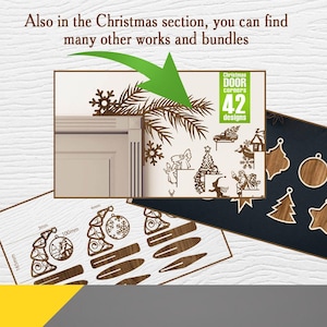 May include: A collection of laser-cut wooden Christmas ornaments and door corners. The image includes various designs such as snowflakes, Christmas trees, and Santa Claus figures. Text on the image reads "Christmas DOOR corners 42 designs".