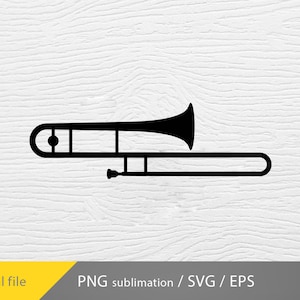 Può includere: Silhouette in bianco e nero di un trombone. Il trombone è uno strumento in ottone con un lungo tubo cilindrico piegato a forma di U. Lo strumento è utilizzato in orchestre e bande.