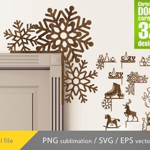Puede incluir: Decoraciones navideñas de esquina de puerta con copos de nieve de madera. La imagen muestra una variedad de diseños, incluyendo copos de nieve, muñecos de nieve y renos. El texto en la imagen dice "Christmas DOOR corners 32 designs". Archivo digital disponible.