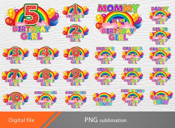 Rainbow birthday girl PNG, family bundle, rainbow sublimation, rainbow birthday design, rainbow numbers