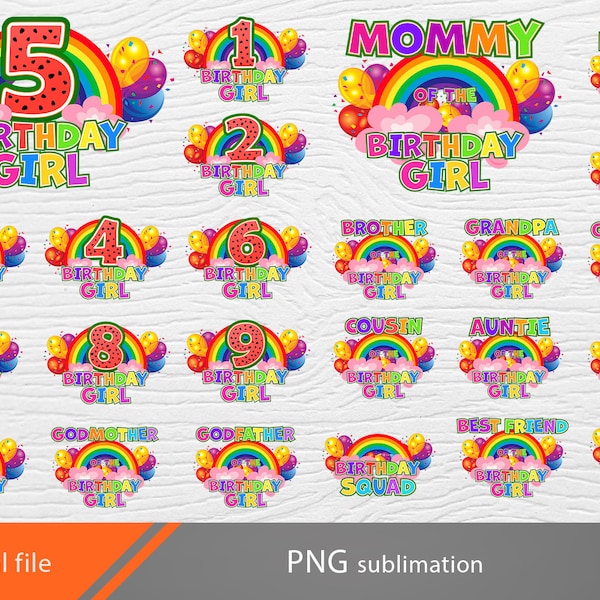 Rainbow birthday girl PNG, family bundle, rainbow sublimation, rainbow birthday design, rainbow numbers