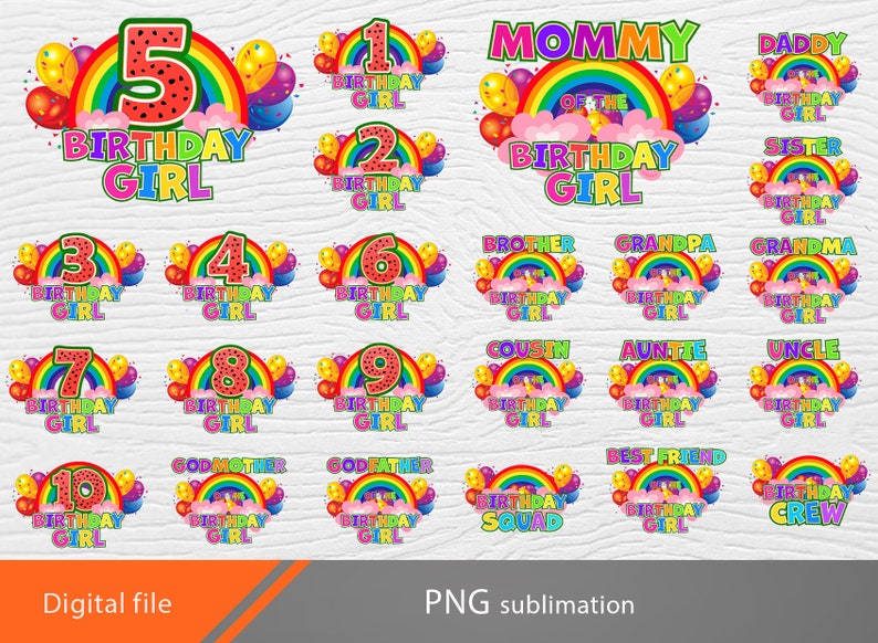 K&ouml;nnte beinhalten: Ein Set mit 18 digitalen Sublimationsdesigns mit Regenbogen-Designs mit den Zahlen 1-10 und den Worten "Birthday Girl". Die Designs beinhalten auch S&auml;tze wie "Mommy of the Birthday Girl", "Best Friend Birthday Girl" und "Birthday Squad".