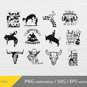 K&ouml;nnte beinhalten: Ein Satz von 10 Schwarzwei&szlig;-Digitaldesign-Dateien mit verschiedenen Country-Motiven, darunter Cowboys, Pferde, G&uuml;rteltiere und Musikinstrumente. Der Text "Long Live Cowboys", "Let's Rodeo", "Be Like an Armadillo and Roll With It", "Just a Girl Who Loves Country Music", "Country Music" und "Life is a Grumble" ist in den Designs enthalten.