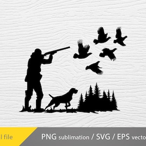 Puede incluir: Una silueta negra de un cazador con una escopeta, un perro y cinco pájaros volando en un entorno de bosque.