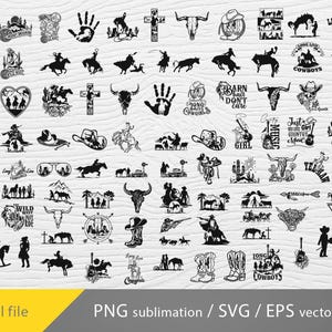 K&ouml;nnte beinhalten: Eine Sammlung von 60 Schwarzwei&szlig;-Vektorillustrationen von Cowboyh&uuml;ten, Pferden, Stiefeln und anderen Designs im Western-Stil. Die Illustrationen enthalten Text wie "Long Life Cowboys", "Barn Don't Care", "Just Be Country Girl" und "Wild West".