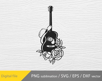 May include: Black and white silhouette of an acoustic guitar with a cowboy hat on the headstock and roses around the body.