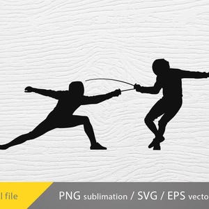 May include: Silhouette of two people fencing with swords. The fencers are in a dynamic pose, one lunging forward and the other on the defensive. The image is in black and white.