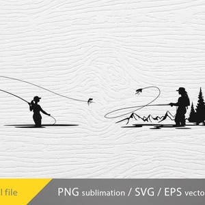 May include: Black silhouette of two people fly fishing. One figure is wading in water, casting a line. The other figure is standing near mountains and trees, also casting a line. The image is a digital file.