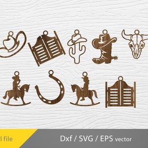 May include: A set of 10 western-themed SVG cut files, including a cowboy hat, horseshoe, saloon doors, cactus, cowboy boot, and a skull. The files are perfect for creating custom crafts and decorations.