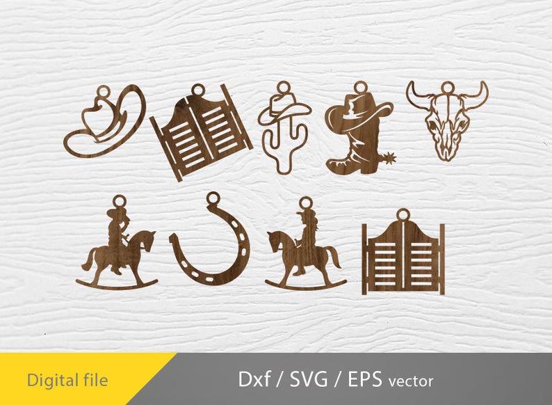 May include: A set of 10 western-themed SVG cut files, including a cowboy hat, horseshoe, saloon doors, cactus, cowboy boot, and a skull. The files are perfect for creating custom crafts and decorations.