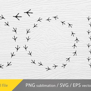 May include: Black and white illustration of a bird's footprints forming a heart shape on a white wooden background.