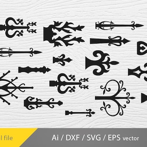 Op de afbeelding: Een set van 16 zwart-witte vectorillustraties van sierlijke scharnieren. De scharnieren zijn in verschillende stijlen, waaronder bloemmotieven, geometrische en scroll-ontwerpen.