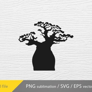 May include: Black silhouette of a baobab tree with a thick trunk and spreading branches.