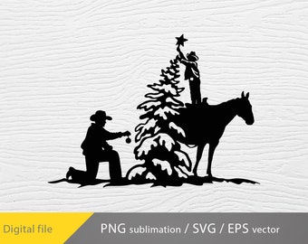 Cowboy Christmas svg, cowboy decorates the Christmas tree svg, western Christmas png