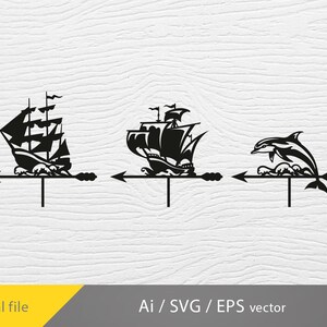 Może przedstawiać: Czarne ilustracje wektorowe żaglówki, statku i delfina, każdy na strzałkowym wzorze. Obraz jest oznaczony jako "Digital file" i "Ai / SVG / EPS vector". Projekty nadają się do projektów o tematyce żeglarskiej.