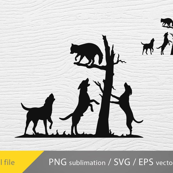 Coon hunting SVG, hound and coon svg, Coon hunting png, hunting scene png, Coon and dogs svg, cricut file