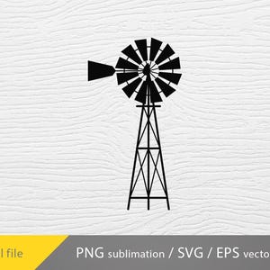 May include: Black silhouette of a windmill with a traditional design. The windmill has a tall tower with a cross-shaped frame and a circular blade structure.