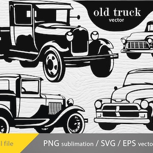 May include: A set of four black and white silhouette illustrations of vintage pickup trucks. The illustrations are in a vector format and are labeled "old truck vector".