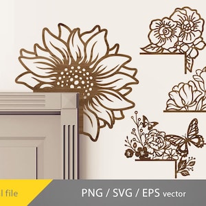 May include: A digital file set of four floral corner designs. The designs include a sunflower, a bouquet of roses, a bouquet of tulips, and a bouquet of flowers with a butterfly.