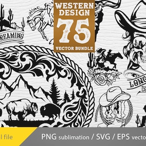 May include: A set of 75 western design vector graphics. The graphics include a skull with sunglasses, a cowboy hat, a floral design, a mountain range, a pair of buffalo, and a cowboy boot. The graphics are in black and white.