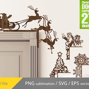 May include: A set of 27 Christmas door corner designs featuring a variety of festive elements, including reindeer, Santa Claus, snowflakes, and a Christmas tree. The designs are available in PNG, SVG, and EPS vector formats.