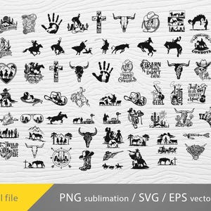 May include: A collection of 60 black and white vector graphics featuring cowboy hats, horses, skulls, cacti, and western-themed text. The graphics are perfect for use in crafting, scrapbooking, and digital design.
