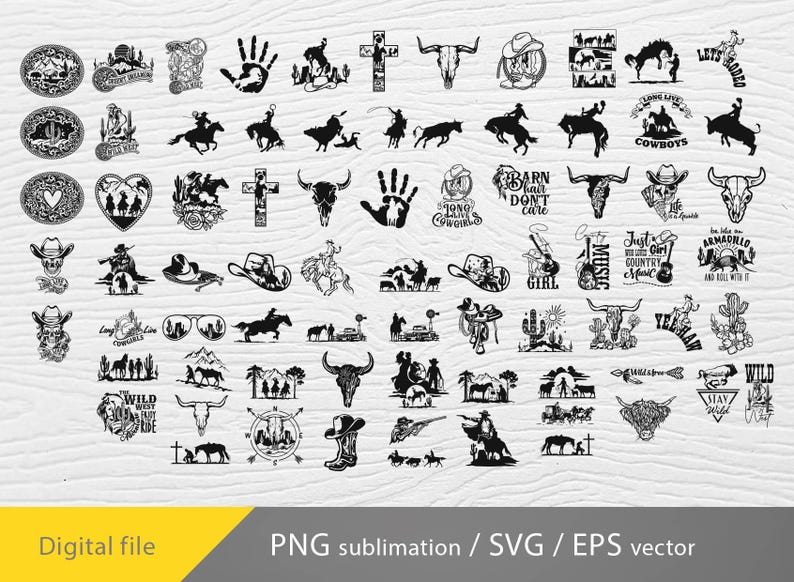 May include: A collection of 60 black and white vector graphics featuring cowboy hats, horses, skulls, cacti, and western-themed text. The graphics are perfect for use in crafting, scrapbooking, and digital design.