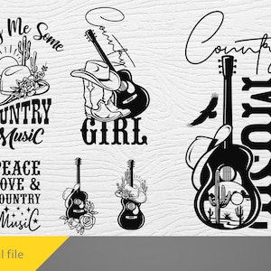 Peut inclure: Design numérique noir et blanc représentant une guitare avec un chapeau de cowboy, un cactus et le texte "Country Music".