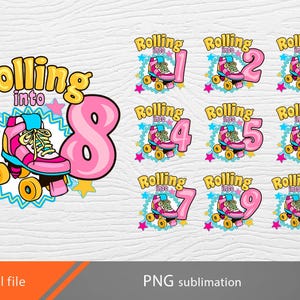 Op de afbeelding: Een set van tien kleurrijke digitale ontwerpen met een rolstoel met de tekst "Rolling into" en een nummer van 1 tot 10. De ontwerpen zijn perfect voor een verjaardagsfeestje of andere viering.