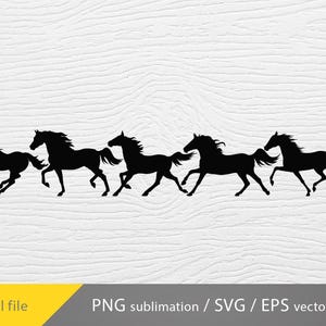 May include: A digital file featuring a silhouette of five running horses in black against a white background. The horses are depicted in motion, with their legs extended and manes flowing. The bottom left corner has the text "Digital file".