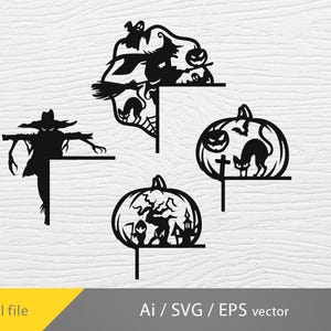 May include: Black Halloween-themed vector designs. The image features four cut-out designs: a scarecrow, a witch on a skull, a pumpkin with a cat, and a pumpkin with a haunted house. The bottom left corner has the text "Digital file".