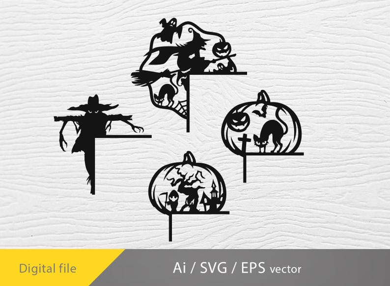 May include: Black Halloween-themed vector designs. The image features four cut-out designs: a scarecrow, a witch on a skull, a pumpkin with a cat, and a pumpkin with a haunted house. The bottom left corner has the text "Digital file".