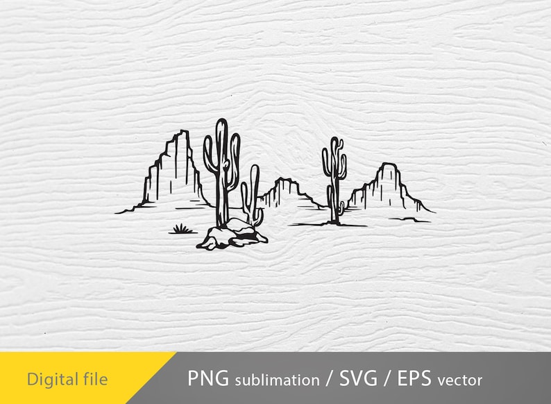 May include: Black and white line drawing of a desert landscape with three cacti and mountains in the background.