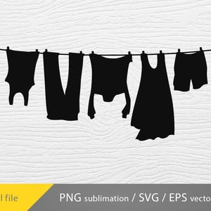 May include: Black silhouette of clothing hanging on a clothesline. The clothing includes a tank top, two pairs of pants, a dress, and a pair of shorts.