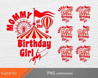 Circus jarig meisje PNG bundel sublimatie, Carnaval verjaardag familie bijpassende PNG