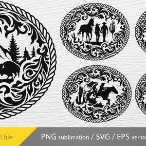Puede incluir: Conjunto de cuatro archivos de corte SVG en blanco y negro con temática del oeste. Cada diseño incluye un marco ovalado decorativo con intrincados detalles florales y una escena del oeste diferente en su interior. Las escenas incluyen una cordillera con bisones, una pareja a caballo, un vaquero montando a caballo y un paisaje desértico con cactus.