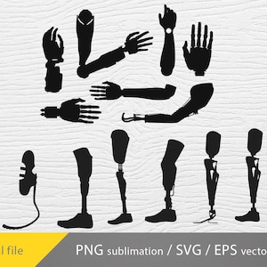 May include: A set of black silhouette images of prosthetic arms and legs. The images are in various poses and angles, showing the different types of prosthetics available.