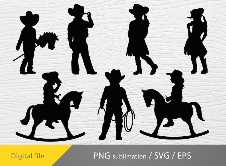 Op de afbeelding: Een set van tien zwarte silhouetbeelden van cowboys en cowgirls. De afbeeldingen bevatten een cowboy die een schommelpaard berijdt, een cowgirl die een schommelpaard berijdt, een cowboy met een lasso, een cowgirl met een lasso, een cowboy die een stokpaard vasthoudt, een cowgirl die een stokpaard vasthoudt, een cowboy met een hoed, een cowgirl met een hoed, een cowboy met een hoed en een lasso, en een cowgirl met een hoed en een lasso.
