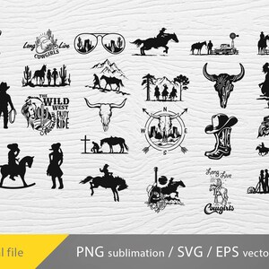 K&ouml;nnte beinhalten: Eine Sammlung von Schwarzwei&szlig;-Vektorillustrationen mit Cowboys, Cowgirls, Pferden und Western-Motiven. Die Illustrationen beinhalten einen Sch&auml;del, einen Kompass, einen Kaktus und den Text "Long Live Cowgirls".