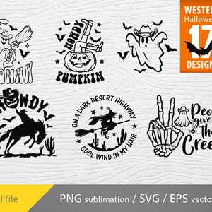K&ouml;nnte beinhalten: Ein Set mit 17 digitalen Designs zum Thema Western-Halloween. Die Designs beinhalten einen Geist, einen K&uuml;rbis, eine Hexe, eine Skeletthand und einen Cowboy, der ein Pferd reitet. Die Texte "Howdy", "Boo-Hah", "Pumpkin", "On a dark desert highway, cool wind in my hair" und "People give me the creeps" sind in den Designs enthalten.