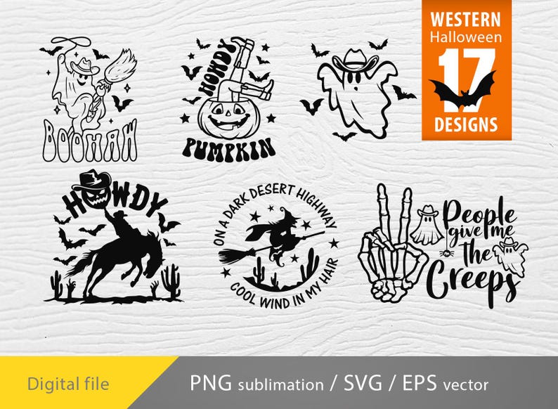 K&ouml;nnte beinhalten: Ein Set mit 17 digitalen Designs zum Thema Western-Halloween. Die Designs beinhalten einen Geist, einen K&uuml;rbis, eine Hexe, eine Skeletthand und einen Cowboy, der ein Pferd reitet. Die Texte "Howdy", "Boo-Hah", "Pumpkin", "On a dark desert highway, cool wind in my hair" und "People give me the creeps" sind in den Designs enthalten.
