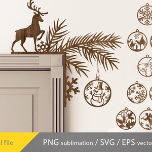 May include: Wooden Christmas decorations, including a reindeer, snowflakes, and ornaments with various holiday designs. The ornaments feature a snowman, angels, and nativity scenes. The image also includes the text "Digital file" and "PNG sublimation / SVG / EPS vector."