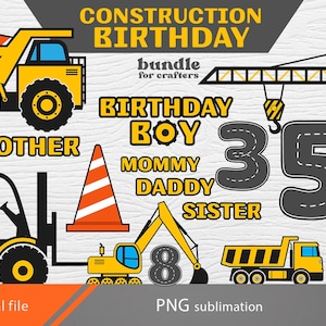 May include: A digital download of construction birthday party graphics. The image shows a yellow dump truck, a forklift, a backhoe, a dump truck, and a crane. The graphics include the words "Birthday Boy", "Mommy", "Daddy", "Sister", and "Brother". The numbers 3 and 5 are also included in the design.