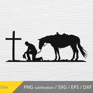 May include: A black silhouette of a person kneeling in prayer with a horse standing beside them. A cross is behind the person. The image is on a white wood background.
