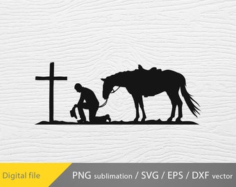 Cowboy betend svg, Cricut-Datei, Cowboy kniend betend, Cowboy und Pferd, Cowboy dxf svg png eps
