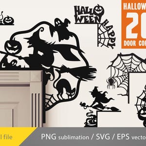 May include: Black Halloween-themed door corner decorations. Silhouettes include a witch on a broom, a cat, pumpkins, a spider web, a devil, and the text "Halloween 20 Door Corner". Digital file available.