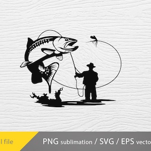 May include: Black and white silhouette of a fisherman casting a line with a fish jumping out of the water. The fisherman is wearing a hat and the fish has a fly in its mouth.