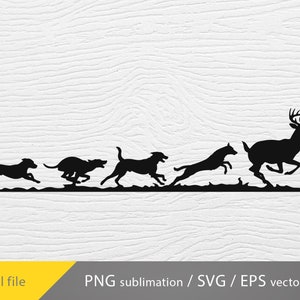 May include: Black silhouette of a deer running with four dogs chasing it. The deer has large antlers and is running to the right. The dogs are running in a line behind the deer.