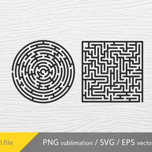 Peut inclure: Fichier numérique noir et blanc présentant deux motifs de labyrinthe. L'un est circulaire, l'autre carré. Le texte "Digital file" est dans une bannière jaune, et "PNG sublimation / SVG / EPS vector" est dans une bannière grise.