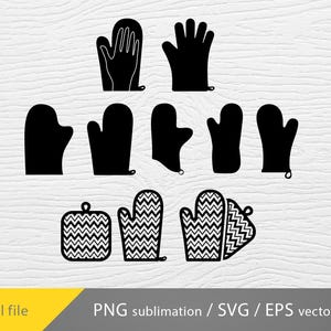 May include: A set of nine black oven mitts and pot holders in various shapes and sizes. The mitts and holders feature a zig-zag pattern.
